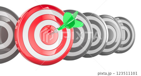 Red Target with arrow in bullseye among others, 3D rendering 123511101
