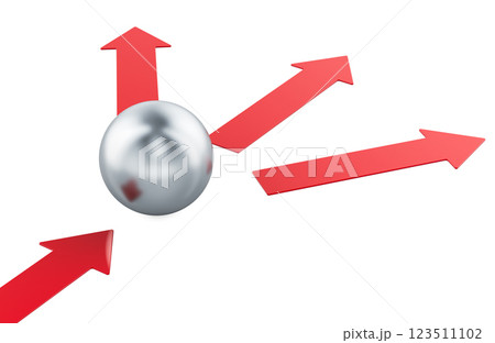 Sphere with three red arrows pointing into different directions. 3D rendering 123511102