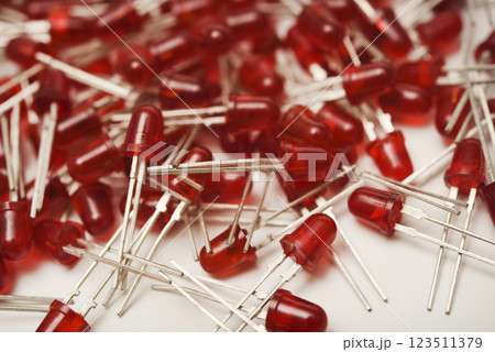 Red LED bulbs on a white background. The radio element is an LED lamp. Red LED bulbs on a white background. The radio element is an LED lamp. 123511379