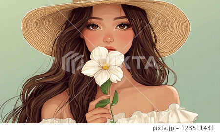 A girl in a hat with a white flower in front of her face. A girl in a hat with a white flower in front of her face. 123511431