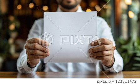 A man holds a white blank sheet of paper in his hands.  A man holds a white blank sheet of paper in his hands.  123511472