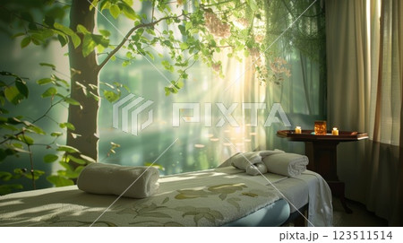 Spa treatment room decorated with calming nature scene wallpaper 123511514