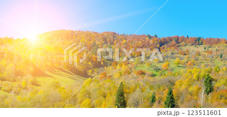 Picturesque autumn landscape with mountain ranges and deciduous forests. Carpathian Mountains, Ukraine. Wide photo. Wide photo. 123511601