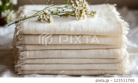 Stack of Cream Gauze Fabrics with Flowers 123511700