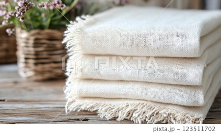Stack of Cream Gauze Fabrics with Rustic Decor 123511702