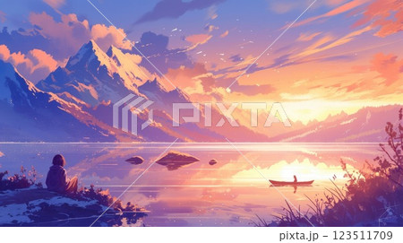 As the sun set behind the mountain the lake was blanketed in a soft enchanted light beam giving the water a magical glow As the sun set behind the mountain the lake was blanketed in a soft enchanted light beam giving the water a magical glow 123511709