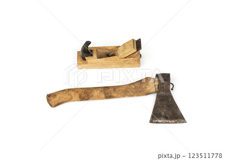 Joiner's tools. Ax and plane on a white background. 123511778