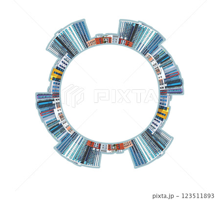 Architecture collage featuring urban cityscape with modern high-rise buildings in a circular 123511893