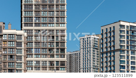 Architecture of modern highrise building in metropolitan city. Exterior view of tall condo, 123511899
