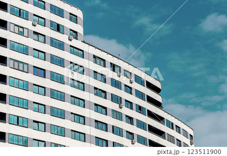 Architecture of modern highrise building, residential condominium with large windows and air 123511900