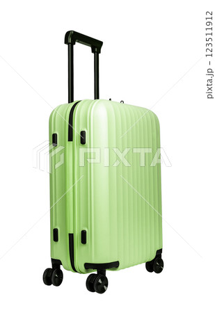 Green suitcase with wheels and handle in a tilted perspective. Stylish luggage for travel, vacation, Green suitcase with wheels and handle in a tilted perspective. Stylish luggage for travel, vacation, 123511912