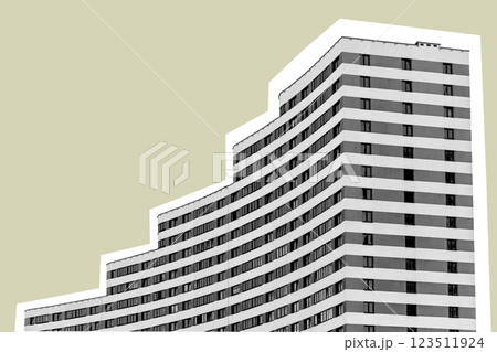 Modern architecture in urban city. High-rise building with wavy, curved concrete facade and large 123511924