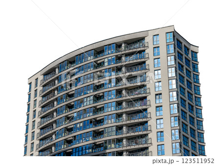 Modern high-rise condominium in a metropolitan city with a sleek concrete facade and balcony. urban 123511952