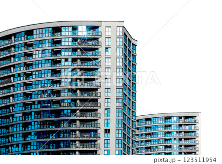 Modern high-rise condominium in downtown city. facade with large windows offering views of the urban 123511954