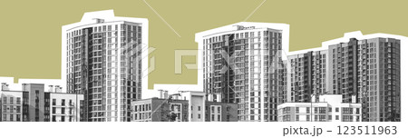Modern multi-story condominium in the city with a concrete exterior. High-rise residential building Modern multi-story condominium in the city with a concrete exterior. High-rise residential building 123511963