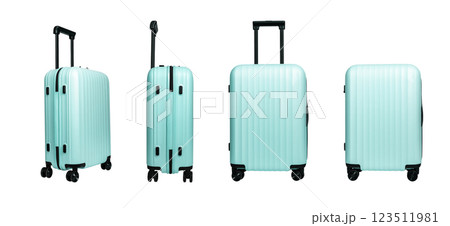 Suitcase collection featuring stylish travel bags with wheels and handles in different angles. 123511981