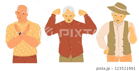 An elderly man displays anger through his posture and gestures, showcasing frustration. He is dressed in a casual outfit, highlighting his aged appearance and intense emotions An elderly man displays anger through his posture and gestures, showcasing frustration. He is dressed in a casual outfit, highlighting his aged appearance and intense emotions 123511991