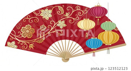 Golden Harmony An elegant red fan featuring a delicate gold s intertwined with colorful lanterns embodying festive joy and harmony.. 123512123