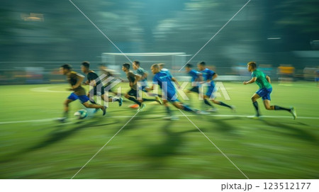 Blurred view of the actionpacked field with players sprinting towards the goal 123512177