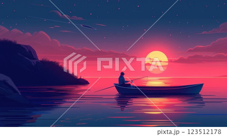A serene evening on the water with a lone sailor fishing off the side of the boat surrounded by a picturesque sunset and calm waters 123512178