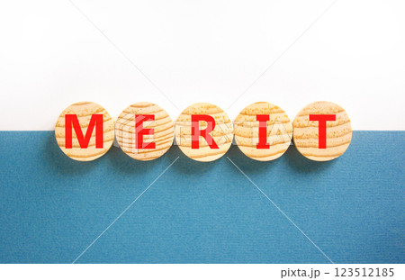 Merit symbol. Concept word Merit on beautiful wooden circles. Beautiful white and blue background. Business lifestyle merit concept. Copy space. 123512185