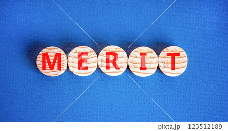 Merit symbol. Concept word Merit on beautiful wooden circles. Beautiful blue table blue background. Business lifestyle merit concept. Copy space. 123512189