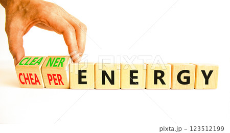 Cleaner or cheaper energy symbol. Concept words Cleaner energy Cheaper energy on beautiful wooden blocks. Beautiful white background. Business Cleaner or cheaper energy concept. Copy space. 123512199