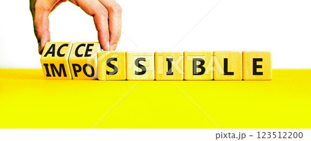 Accessible or impossible symbol. Concept words Accessible or Impossible on beautiful wooden blocks. Beautiful yellow table white background. Business accessible or impossible concept. Copy space. Accessible or impossible symbol. Concept words Accessible or Impossible on beautiful wooden blocks. Beautiful yellow table white background. Business accessible or impossible concept. Copy space. 123512200