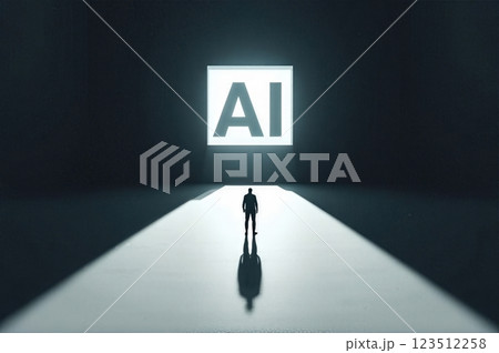 Human Reflection in the Shadow of Artificial Intelligence A Futuristic Conceptual Scene 123512258