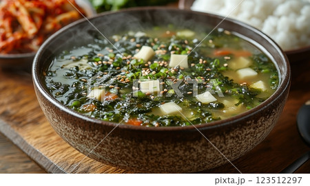 A steaming bowl of traditional Korean seaweed soup, with a side of rice and kimchi. 123512297