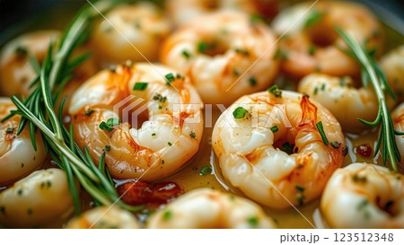 Mediterranean-Style Herb-Infused Garlic Butter Shrimp with Fresh Rosemary and Fine Herbs in a Savory Pan Sauce 123512348