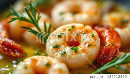 Mediterranean-Style Herb-Infused Garlic Butter Shrimp with Fresh Rosemary and Fine Herbs in a Savory Pan Sauce 123512350