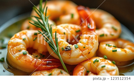 Mediterranean-Style Herb-Infused Garlic Butter Shrimp with Fresh Rosemary and Fine Herbs in a Savory Pan Sauce 123512354