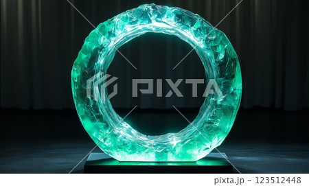 A large, circular, glowing teal glass sculpture with green lights inside, centered on a black background. 123512448