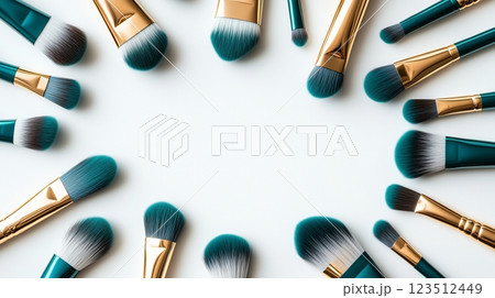 Cosmetic brushes frame, placed in random order, on a white background. 123512449