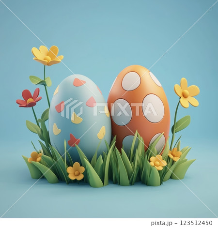 A cartoon-style icon of two Easter eggs with flowers on the grass in pastel colors. 123512450