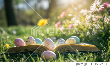 An open book with Easter eggs on the grass, flowers in the background.	 123512484