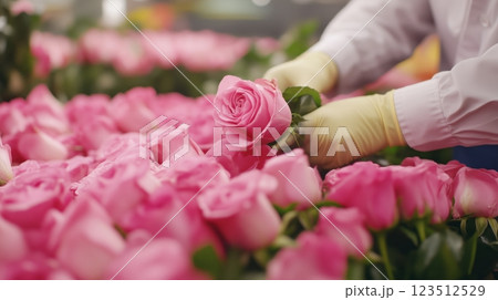 Florist carefully makes a bouquet of pink roses in the flower shop.	 123512529