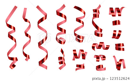 Set of red glossy shiny gradient twisted ribbons 123512624