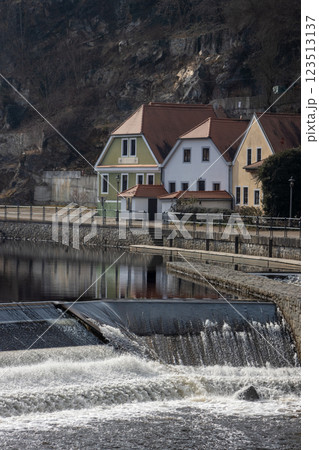 Barrage of river Vltava, Cesky Krumlov, Czechia 123513137