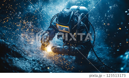 Commercial diver performing underwater welding in deep dark water 123513173