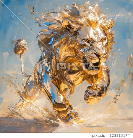 Golden lion running and splashing water in majestic painting 123513174