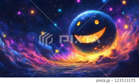 Smiling planet illuminating colorful nebula with stars in space 123513175