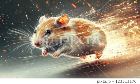 Speeding hamster surrounded by fiery sparks 123513176