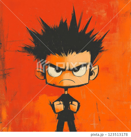 Angry cartoon character with spiky hair on orange background 123513178