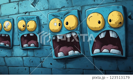 Screaming cartoon faces showing different expressions on brick wall 123513179