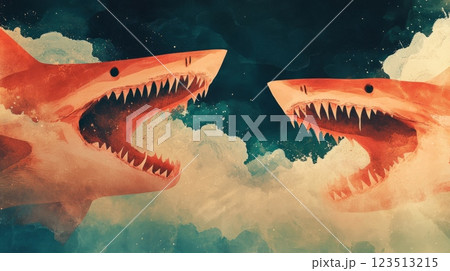 Two angry sharks showing teeth underwater confrontation Two angry sharks showing teeth underwater confrontation 123513215