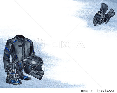 Banner motorcycle crash helmet, gloves, boots and jacket. Moto clothing, moto gear. Watercolor illustration isolated from background with blue spot. For moto stores, frames, borders, business card 123513228