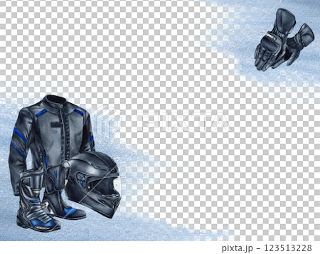 Banner motorcycle crash helmet, gloves, boots and jacket. Moto clothing, moto gear. Watercolor illustration isolated from background with blue spot. For moto stores, frames, borders, business card 123513228