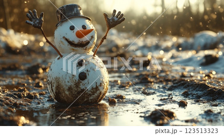 Dirty snowman melting in the mud during warm winter day 123513323